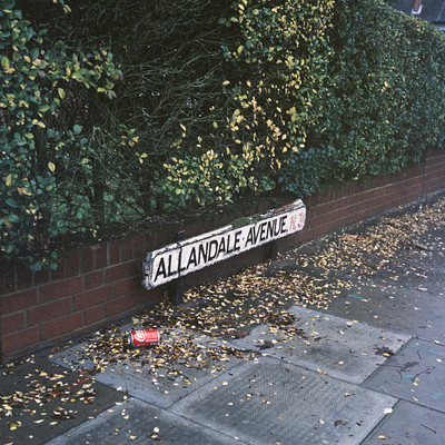 The image is a black and white photo of a street corner with a sign that reads "Allendale Avenue." A bench is located on the sidewalk next to the sign. There are several leaves scattered around the area, indicating that it might have rained recently. Additionally, there is a Coca-Cola bottle lying on the ground near the bench.