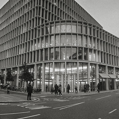 The image is a black and white photo of a large building with many windows, possibly an office or commercial space. There are several people walking around the area outside the building, some closer to the foreground while others are further away. In addition to pedestrians, there are various modes of transportation visible in the scene.