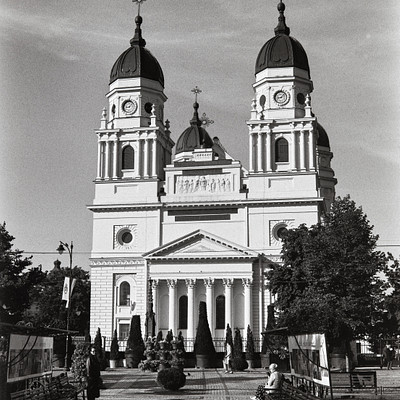 The image is a black and white photo of an old church with two large towers. The church has a clock on each tower, making it easy for people to tell the time from afar. There are several potted plants placed around the area in front of the church, adding some greenery to the scene.