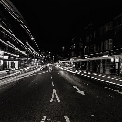 The image is a black and white photo of a busy city street at night. There are several cars driving down the road, with some appearing blurry due to motion. A few traffic lights can be seen along the street, helping control the flow of vehicles.