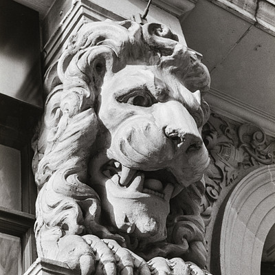 The image is a black and white photo of an ornate stone lion statue. The lion has its mouth open, giving the impression that it's roaring or making a sound. The statue appears to be part of a building facade, possibly serving as decoration or architectural embellishment.