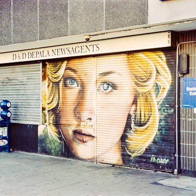 The image features a large mural of a woman's face on the side of a building. The mural is painted in vibrant colors and captures the attention of passersby. In addition to the mural, there are several potted plants placed around the area, adding some greenery to the scene.