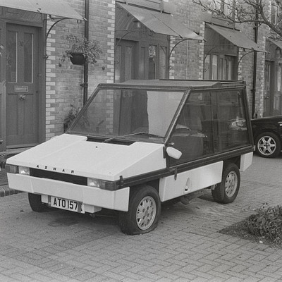 The image is a black and white photo of an old car parked on the sidewalk. It appears to be a small vehicle, possibly a sports car or a convertible. The car is positioned next to a building with a brick facade.