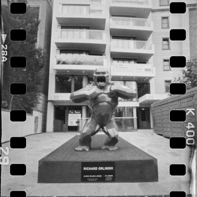 The image is a black and white photo of a large gorilla statue, which appears to be made of metal. It is situated in front of an apartment building with several windows on the upper floors. The gorilla statue seems to be posing for a picture, as it has its mouth open.