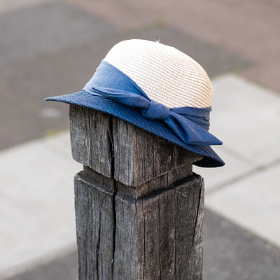 The image features a blue and white hat sitting on top of a wooden post. The hat is positioned in the center of the scene, with its blue portion facing upwards while the white part faces downwards. The wooden post appears to be made from logs, giving it a rustic appearance.