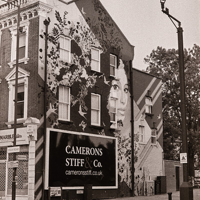 The image is a black and white photo of a building with graffiti on its side. There are several windows visible, some of which have graffiti painted on them as well. Above the building, there are two street lights that provide illumination to the area.