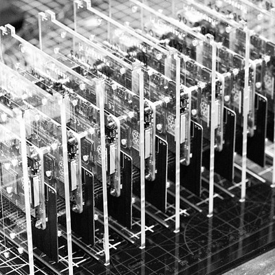 The image is a black and white photo of several rows of electronic devices, possibly computer parts or circuit boards. These devices are displayed in an organized manner, with some placed on top of each other. There are at least 13 visible items in the scene, all of which appear to be related to electronics.