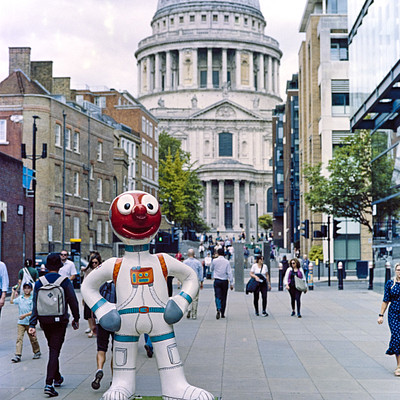 The image features a large robot statue standing on the sidewalk in front of a building. It appears to be an outdoor display, possibly for an event or promotion. Several people are walking by and around the robot statue, with some carrying backpacks and handbags.