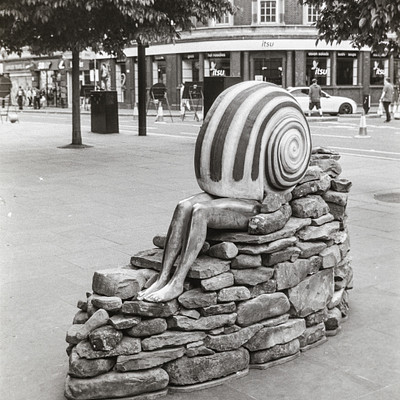 The image is a black and white photo of a sculpture in the middle of a city street. The sculpture features a large, colorful shell on top of a stone wall or rock formation. There are several people walking around the area, with some closer to the foreground and others further away.