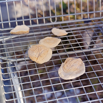 The image features a wire basket filled with several small, round food items. These foods are placed on top of the basket and appear to be in various stages of preparation or cooking. They seem to be made from bread dough, possibly pita bread, as they have been cut into smaller pieces.