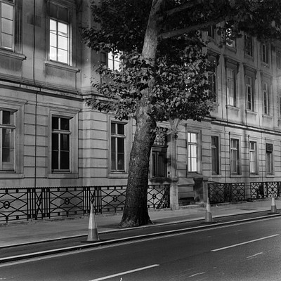 The image is a black and white photo of an old building with many windows. There are trees in front of the building, adding to its charm. A tree can be seen near the center of the scene, while another one is located towards the right side.