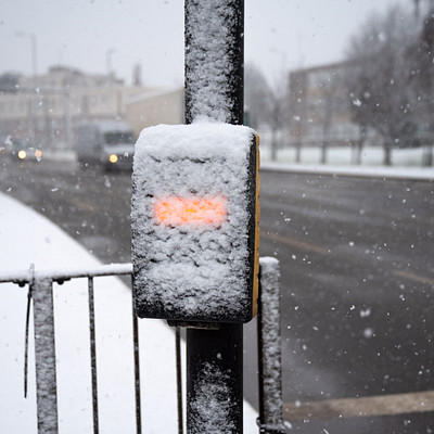 The image depicts a snowy street scene with a traffic light covered in snow. The traffic light is located on the side of the road, and it appears to be malfunctioning due to the accumulation of snow. There are several cars parked or driving along the street, some closer to the camera while others are further away.