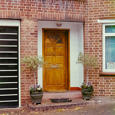 The image features a brick house with a wooden door, which is the main focus of the scene. Two potted plants are placed on either side of the door, adding some greenery to the front of the house. There are also two vases in the scene, one located near the left plant and the other closer to the right plant.
