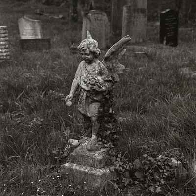 The image is a black and white photograph of an angel statue in a cemetery. The statue appears to be made of stone, and it has wings spread out on its sides. It is situated in the middle of a grassy field with trees in the background.