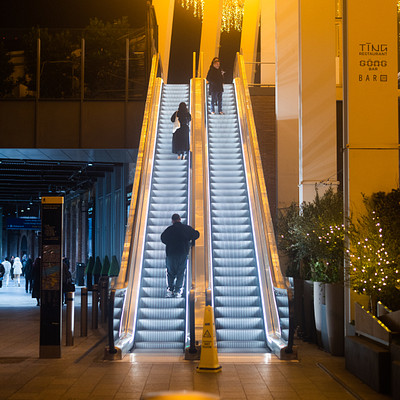 Christmas Escalator (#2024 #2024-12 #christmas-decorations #colour #december #digital #lens-50mm #night #nikon-d810 #ratio-1-1)