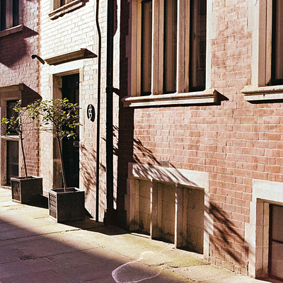 The image features a row of brick buildings with several windows. There are two potted plants placed on the sidewalk, one near the center and another towards the left side of the scene. A bench is located in front of the building on the right side, providing a place for people to sit and enjoy the surroundings.