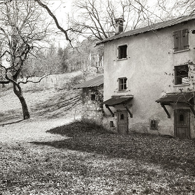 The image is a black and white photo of an old farmhouse with a chimney. It appears to be located in the countryside, as there are trees surrounding the house. A large tree can be seen next to the house, adding to the rustic atmosphere.