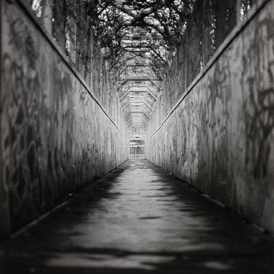 The image is a black and white photo of an empty, long hallway with a skylight above it. The hallway appears to be made of concrete or stone, giving it a somewhat industrial appearance. There are several benches lined up along the length of the hallway, providing seating for those who may use this space.